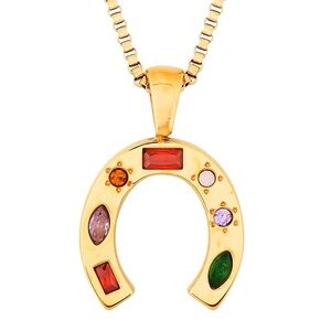 Gold-Tone plated Horseshoe Pendant Necklace with Multicolor Gem Accents